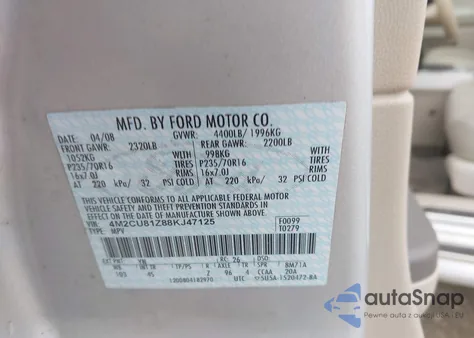 2008 Mercury Mariner I4 z USA, uszkodzony, nr VIN 4M2CU81Z88KJ47125